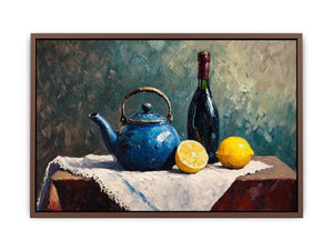 Blue teapot and lemons still life canvas art for kitchen and dining room decor