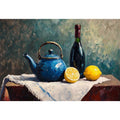 Blue teapot and lemons still life canvas art for kitchen and dining room decor