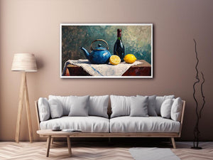 Blue teapot and lemons still life canvas art for kitchen and dining room decor