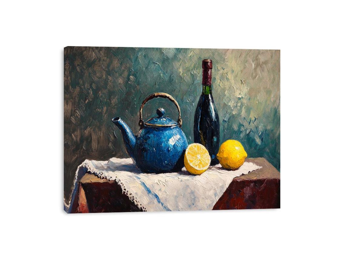 Blue teapot and lemons still life canvas art for kitchen and dining room decor