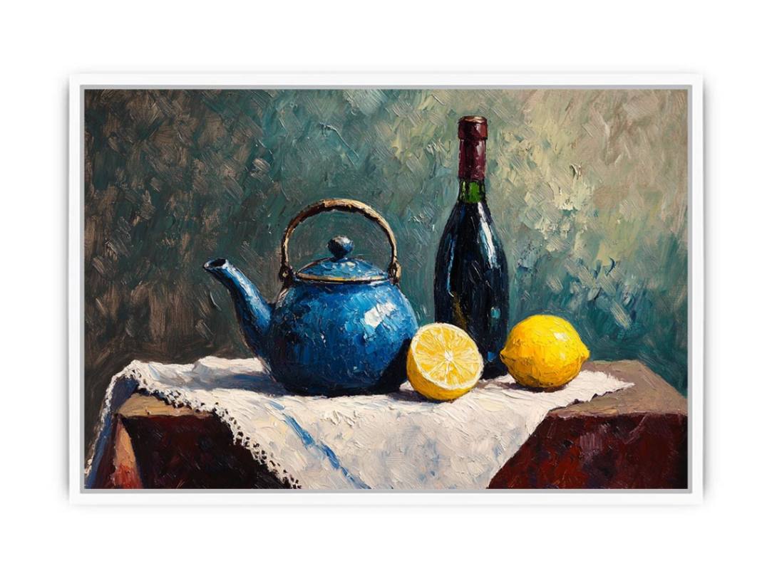 Blue teapot and lemons still life canvas art for kitchen and dining room decor