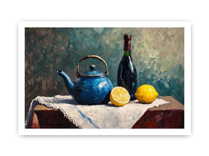 Blue teapot and lemons still life canvas art for kitchen and dining room decor