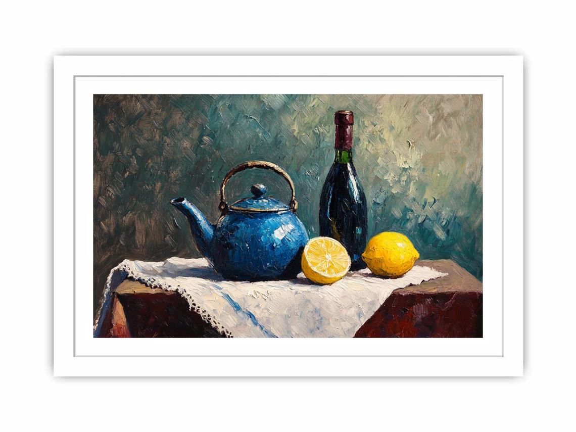 Blue teapot and lemons still life canvas art for kitchen and dining room decor
