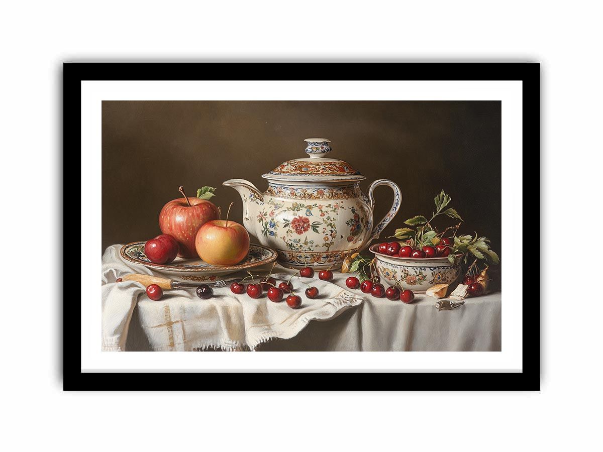 Classic still life artwork with porcelain teapot apples and cherries for elegant dining room decor