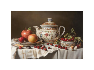 Classic still life artwork with porcelain teapot apples and cherries for elegant dining room decor