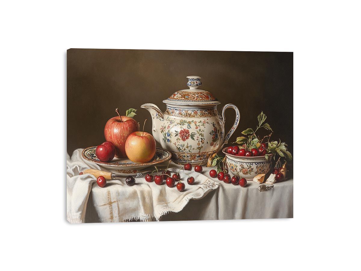 Classic still life artwork with porcelain teapot apples and cherries for elegant dining room decor