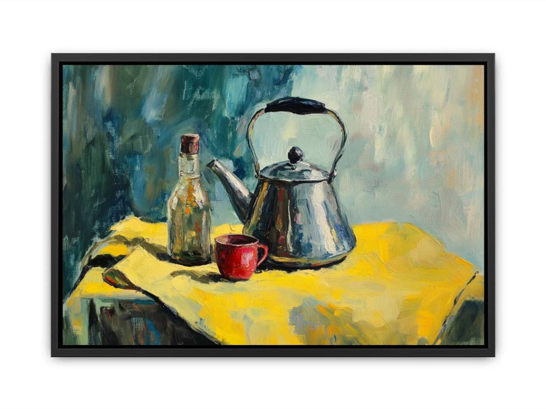 Still life kettle and cup canvas art for modern kitchen and dining room decor