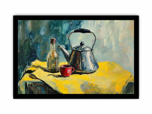 Still life kettle and cup canvas art for modern kitchen and dining room decor