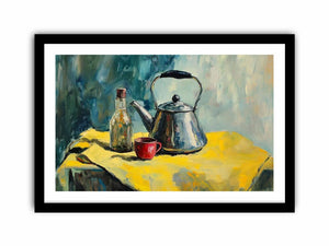 Still life kettle and cup canvas art for modern kitchen and dining room decor