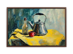 Still life kettle and cup canvas art for modern kitchen and dining room decor