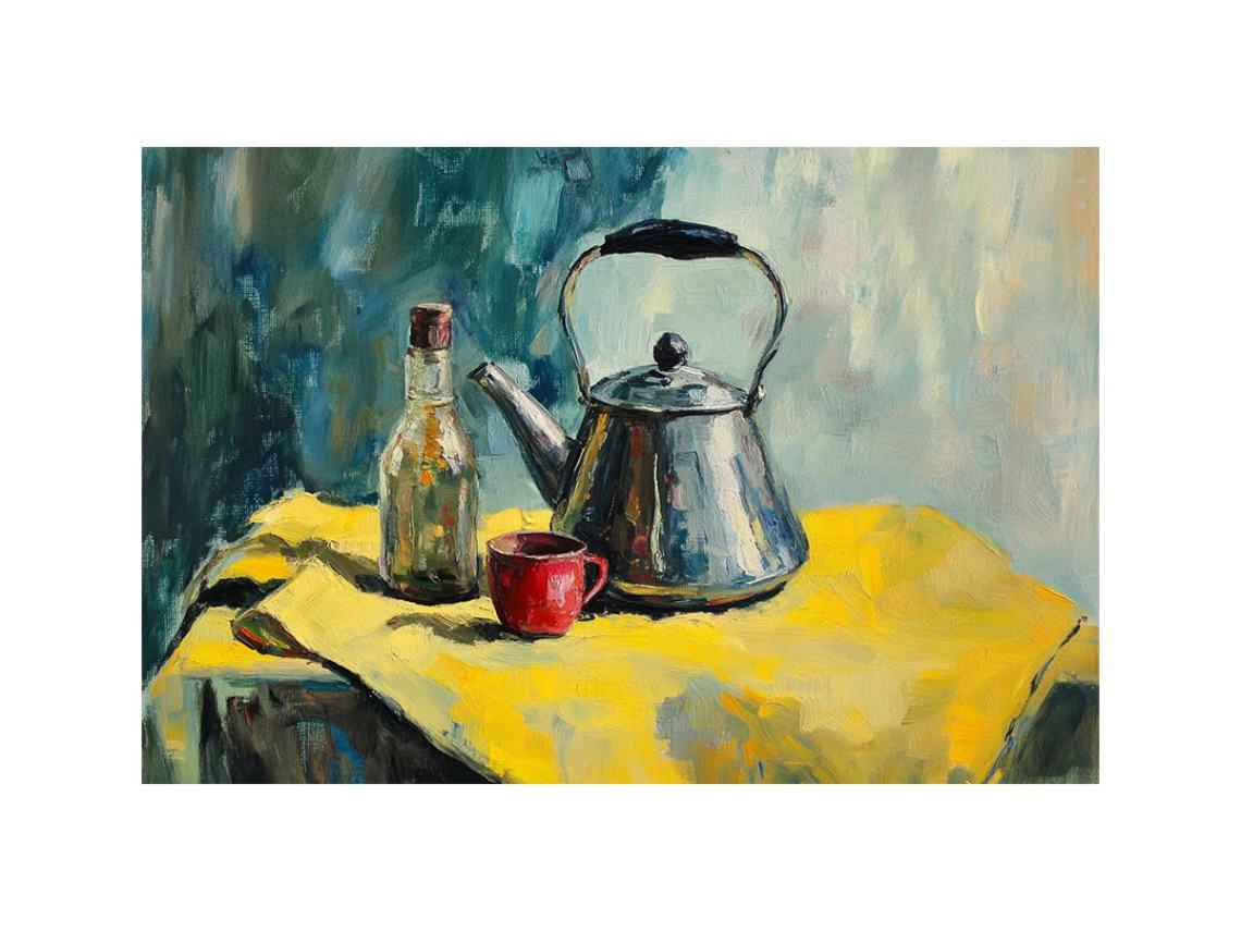 Still life kettle and cup canvas art for modern kitchen and dining room decor