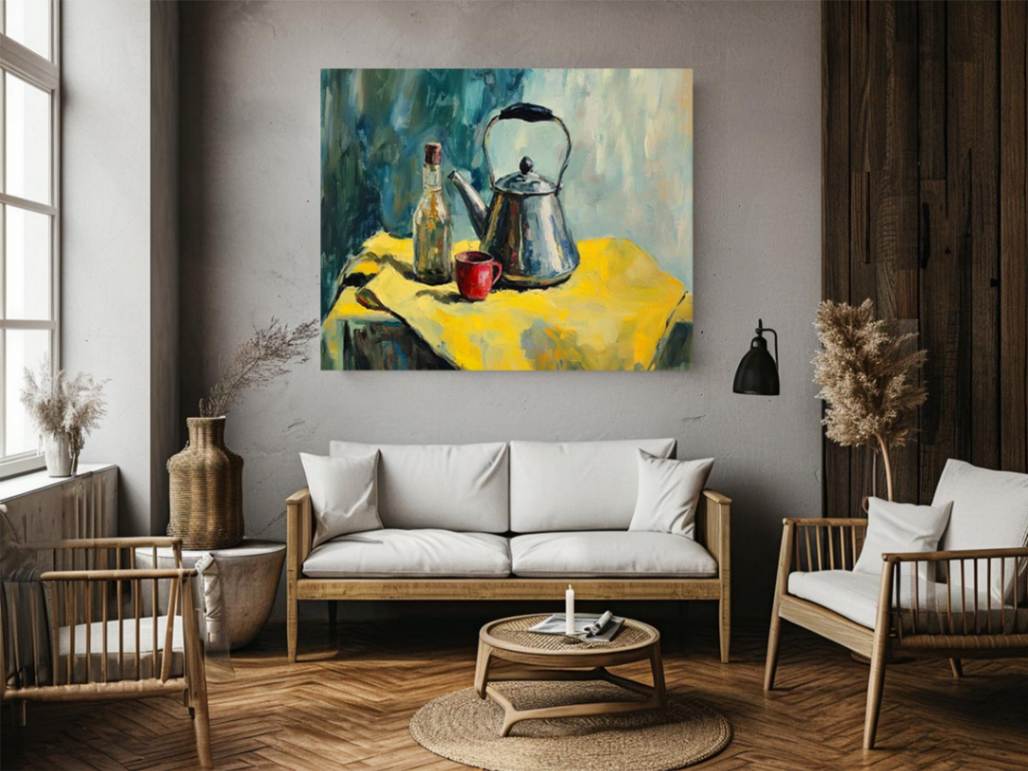 Still life kettle and cup canvas art for modern kitchen and dining room decor