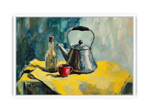 Still life kettle and cup canvas art for modern kitchen and dining room decor
