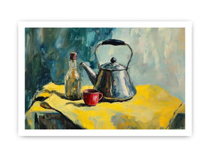 Still life kettle and cup canvas art for modern kitchen and dining room decor