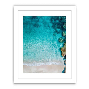 Aerial ocean shoreline artwork with turquoise water for coastal bedroom decor