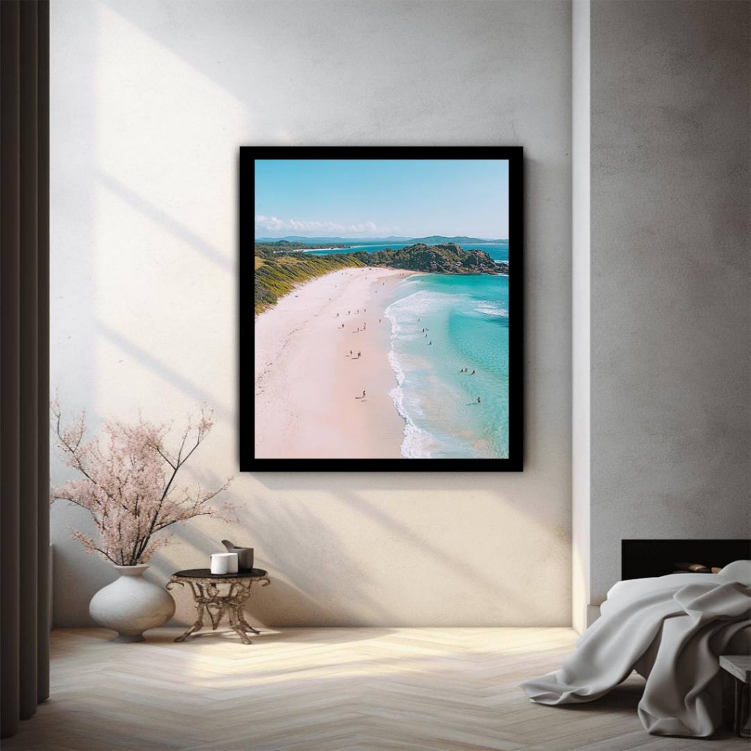 Aerial beach coastline artwork with turquoise sea for modern coastal decor