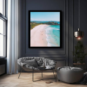 Aerial beach coastline artwork with turquoise sea for modern coastal decor