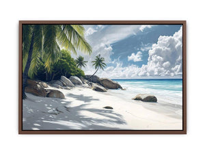 Palm-lined tropical beach canvas art for coastal living room decor