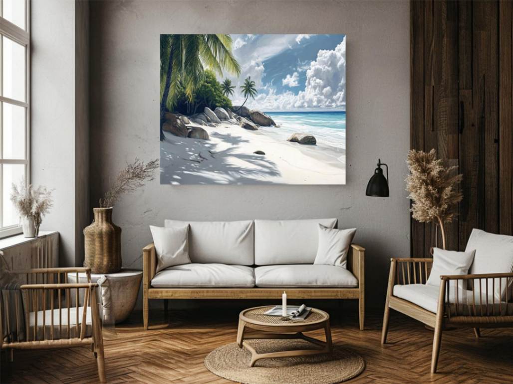 Palm-lined tropical beach canvas art for coastal living room decor