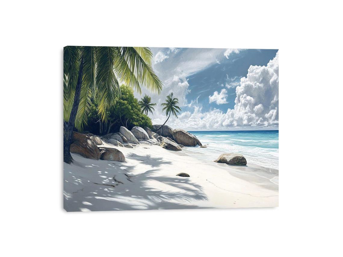 Palm-lined tropical beach canvas art for coastal living room decor
