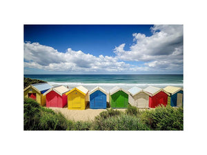 Colorful beach huts coastal wall art for modern living room decor