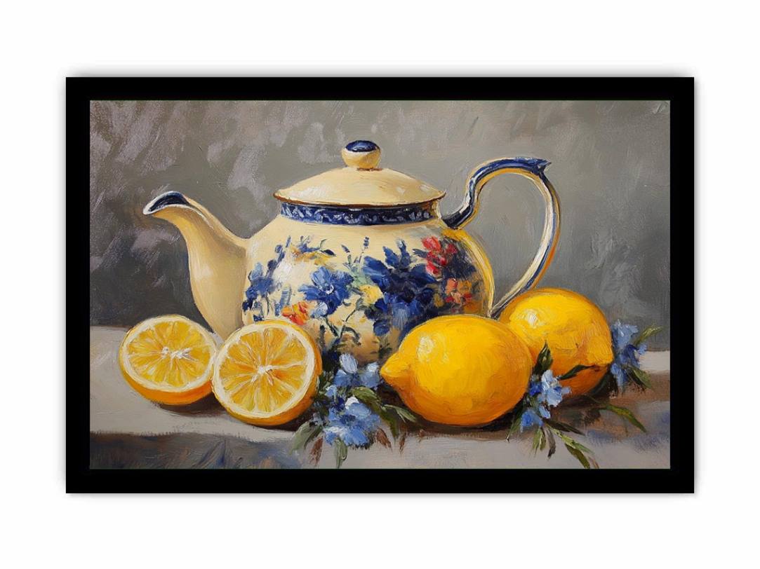 Floral teapot with lemons still life canvas art for kitchen decor