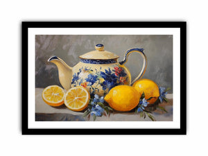 Floral teapot with lemons still life canvas art for kitchen decor