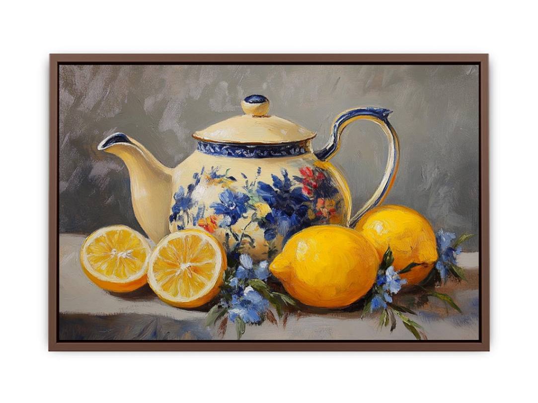 Floral teapot with lemons still life canvas art for kitchen decor