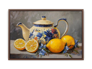 Floral teapot with lemons still life canvas art for kitchen decor