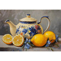 Floral teapot with lemons still life canvas art for kitchen decor