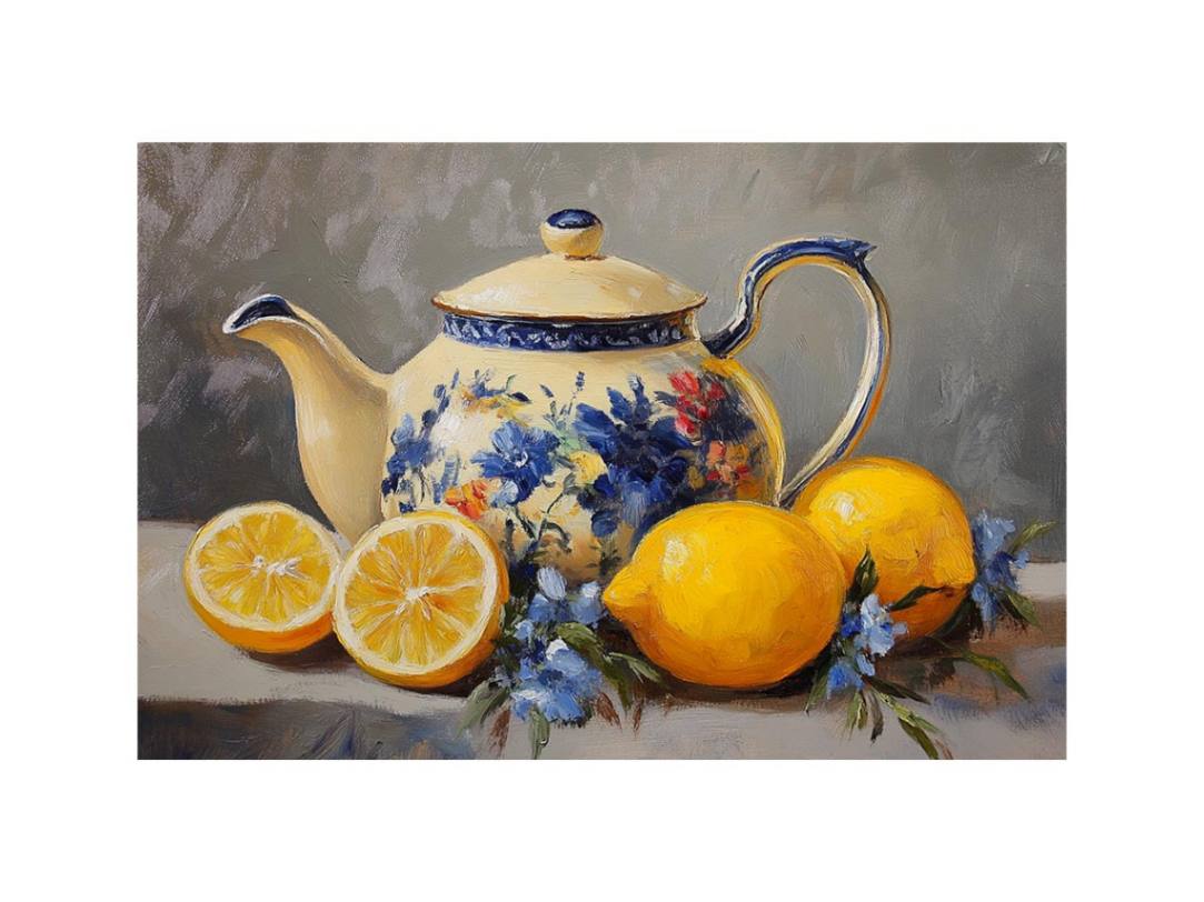 Floral teapot with lemons still life canvas art for kitchen decor