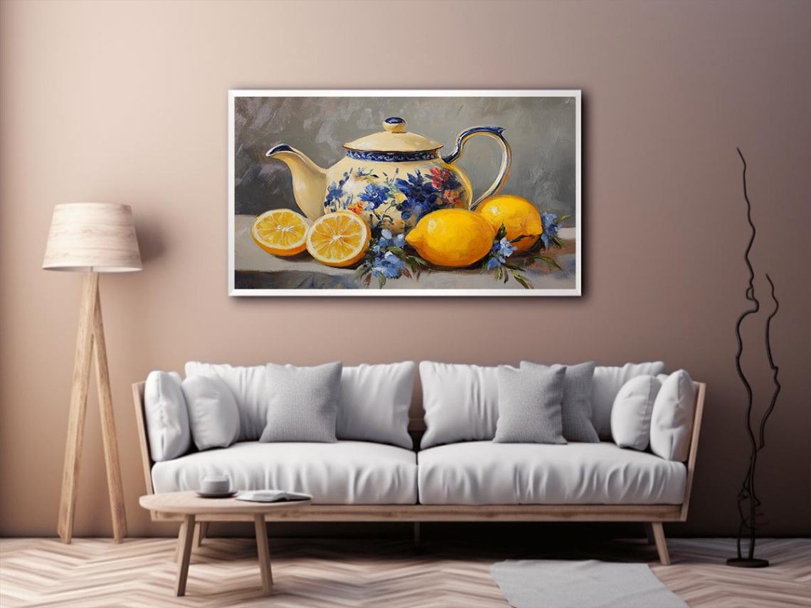 Floral teapot with lemons still life canvas art for kitchen decor