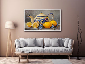 Floral teapot with lemons still life canvas art for kitchen decor