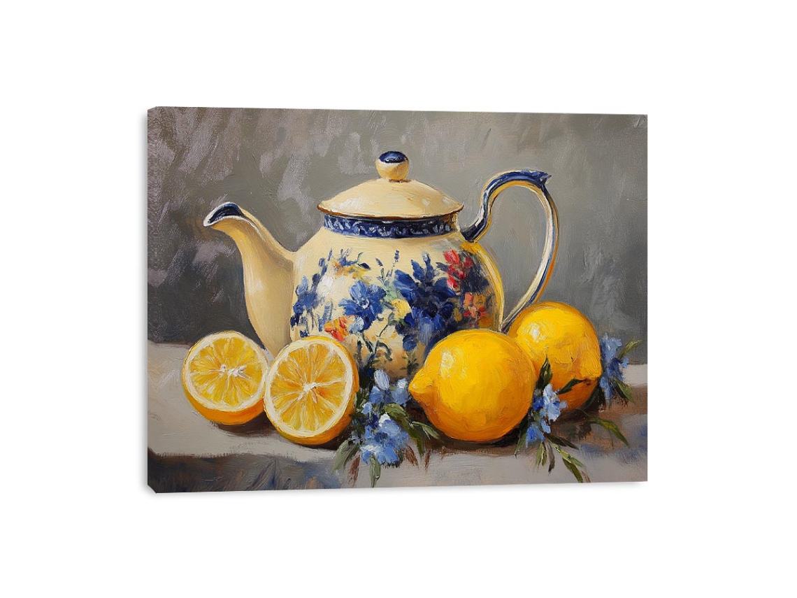 Floral teapot with lemons still life canvas art for kitchen decor