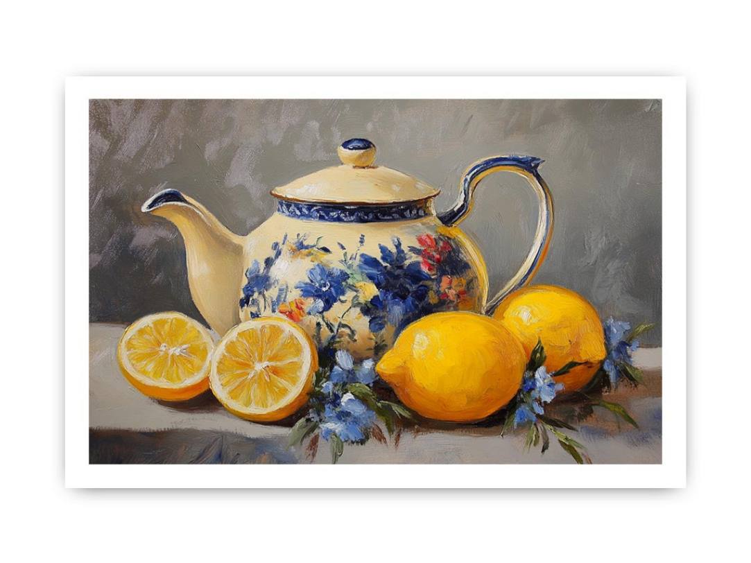 Floral teapot with lemons still life canvas art for kitchen decor