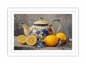 Floral teapot with lemons still life canvas art for kitchen decor