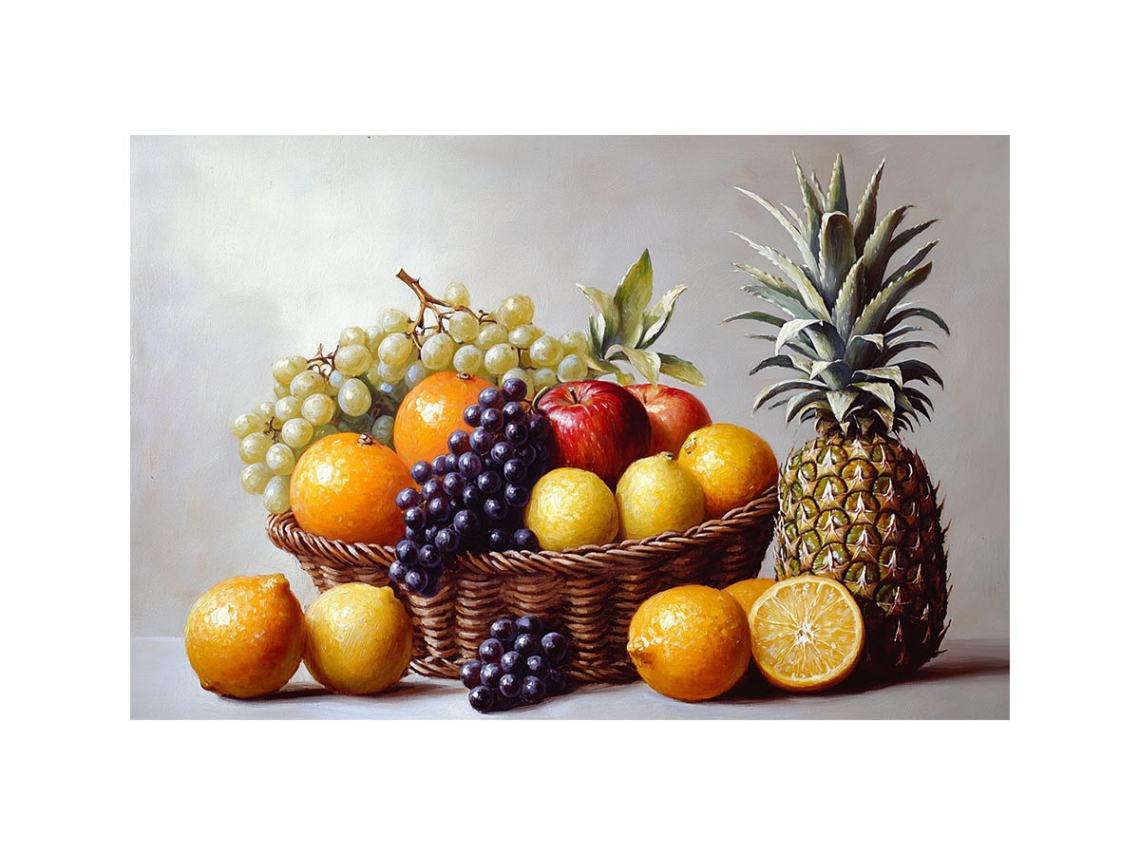 Fruit basket still life canvas art with grapes and pineapple