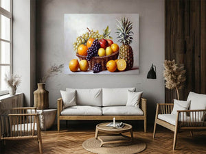 Fruit basket still life canvas art with grapes and pineapple