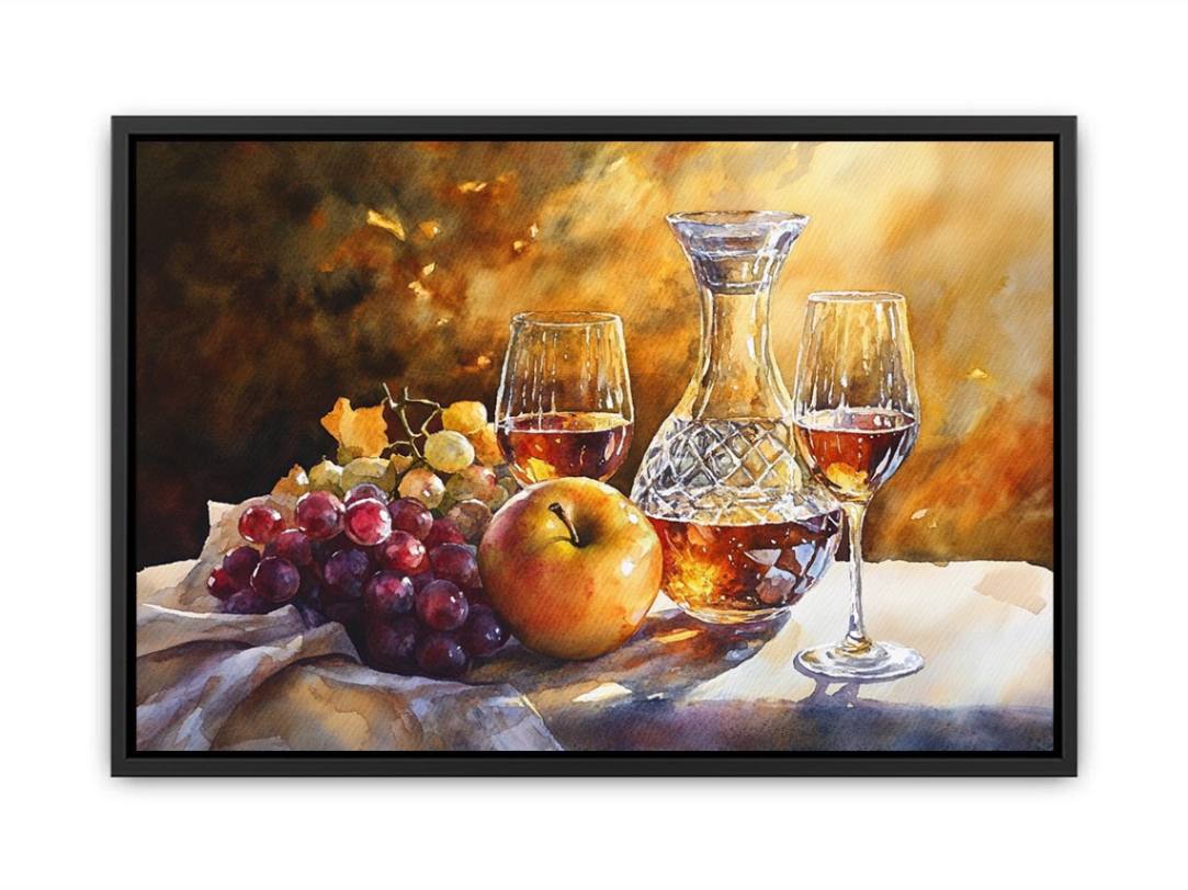 Elegant decanter and wine glass still life artwork for home bar