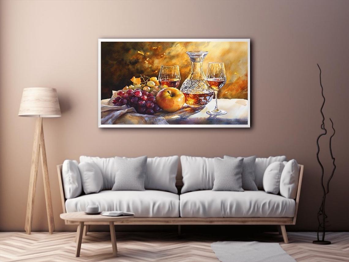 Elegant decanter and wine glass still life artwork for home bar