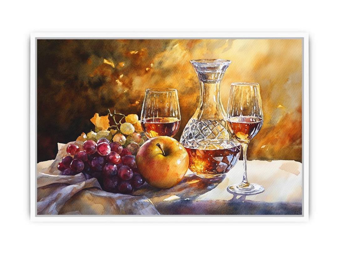 Elegant decanter and wine glass still life artwork for home bar