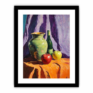 Colorful still life with apples pottery and bottle canvas art