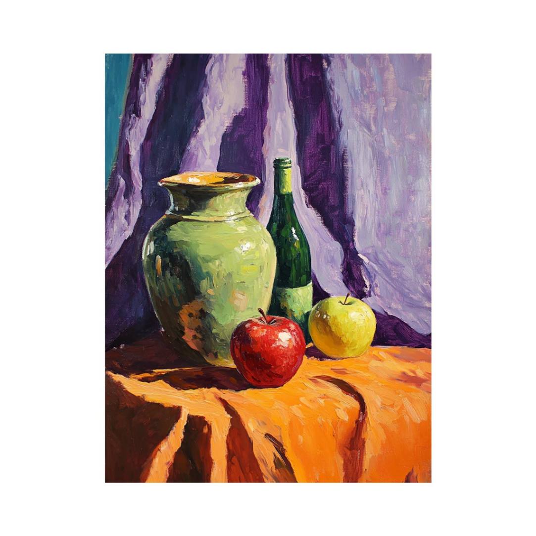 Colorful still life with apples pottery and bottle canvas art