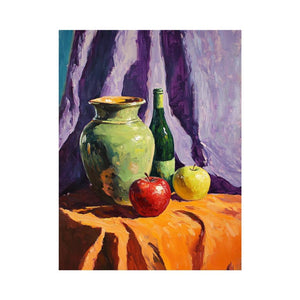 Colorful still life with apples pottery and bottle canvas art