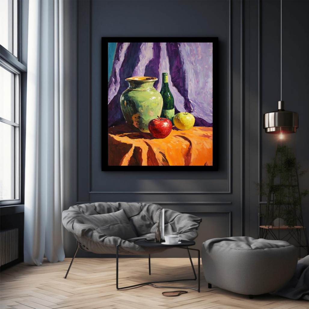 Colorful still life with apples pottery and bottle canvas art