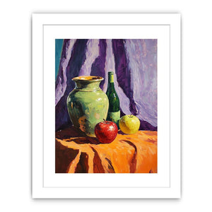 Colorful still life with apples pottery and bottle canvas art