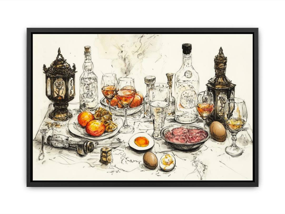 Vintage feast still life illustration with bottles and glassware