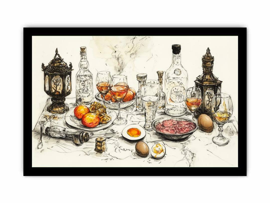 Vintage feast still life illustration with bottles and glassware