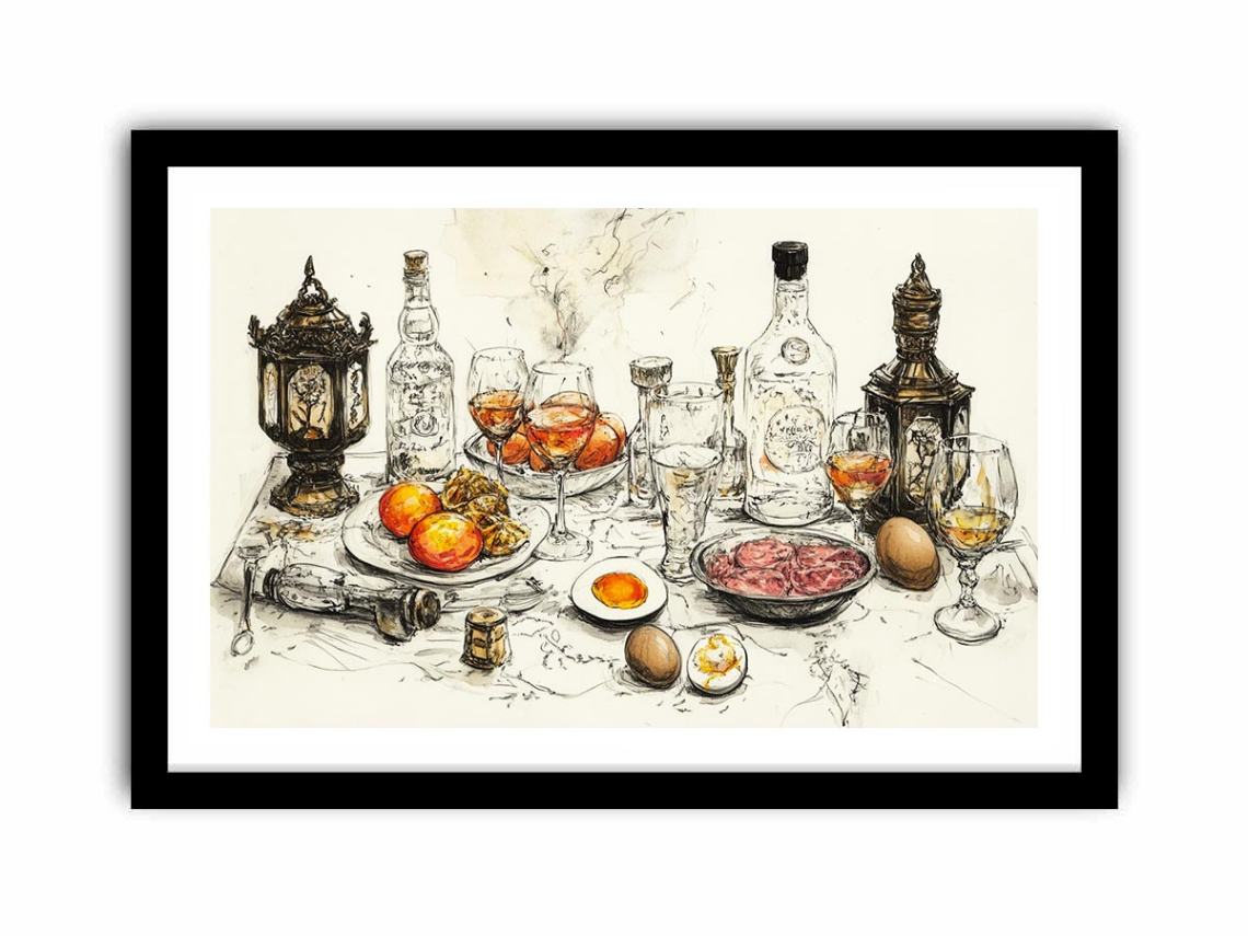 Vintage feast still life illustration with bottles and glassware