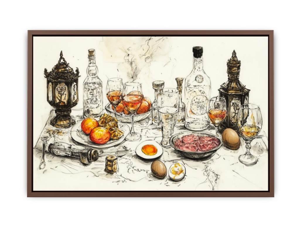 Vintage feast still life illustration with bottles and glassware